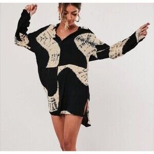 Tie Dye Black Button Up Tunic Sz S Grunge Soft Lightweight Hippie Halloween Dark